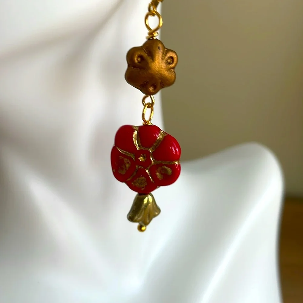 HAND CRAFTED PIERCED EARRINGS Red Gold Bronze Czech Glass Dangling Floral
